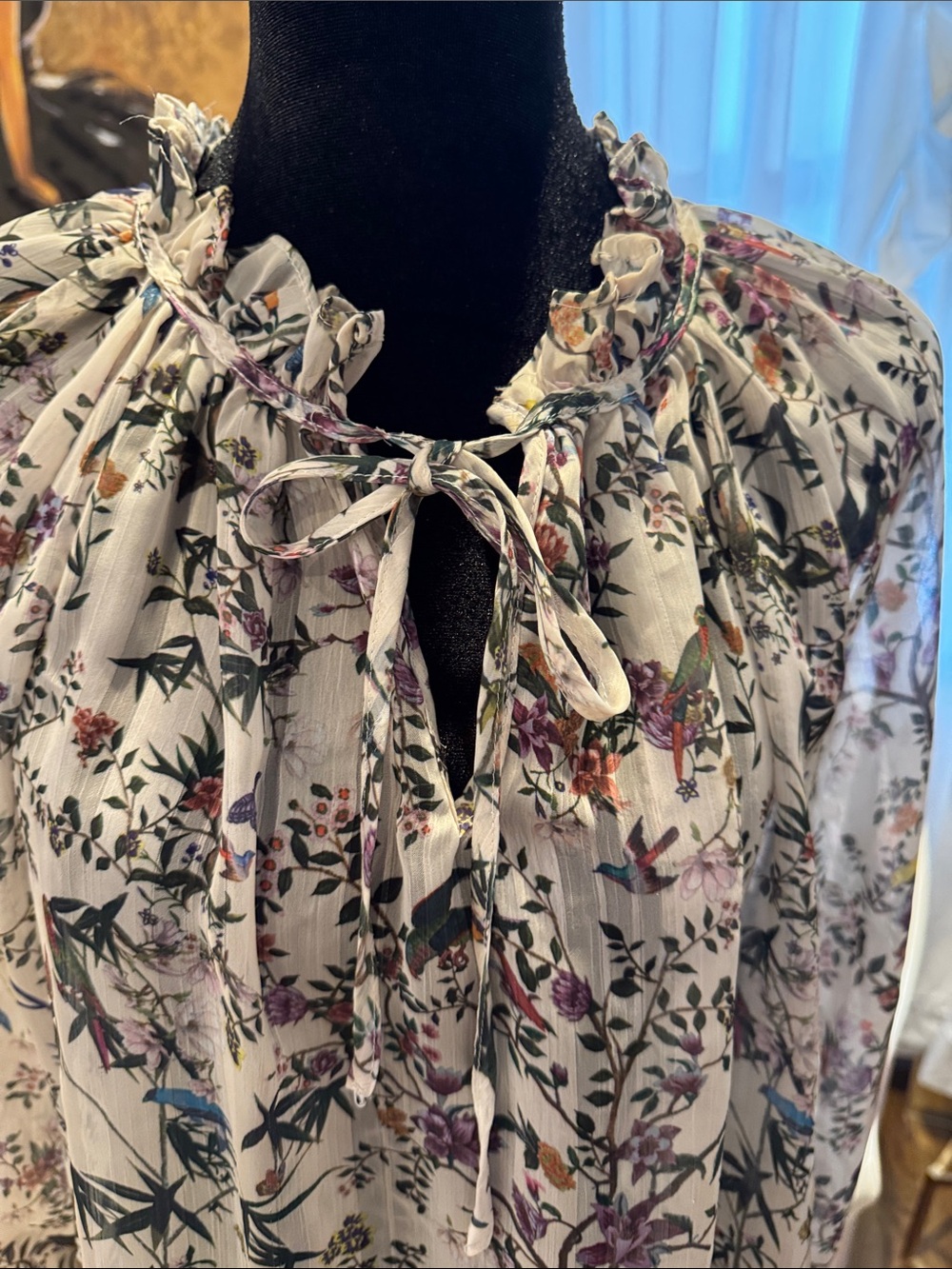 H&M Ivory Sheer Floral Tie-Neck Blouse with Multicolor Print - Picture 2 of 9